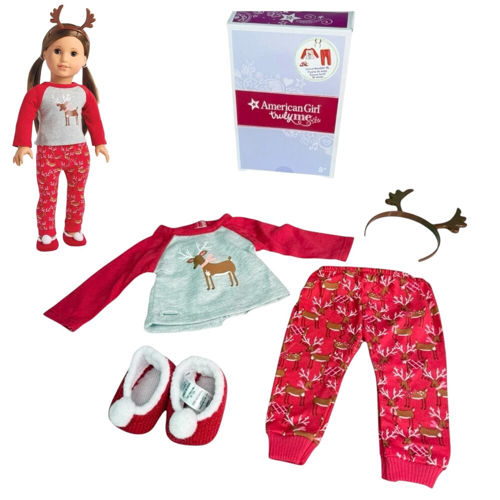 American Girl Festive Reindeer Pjs Red Slippers Headband Top Pant Doll Christmas